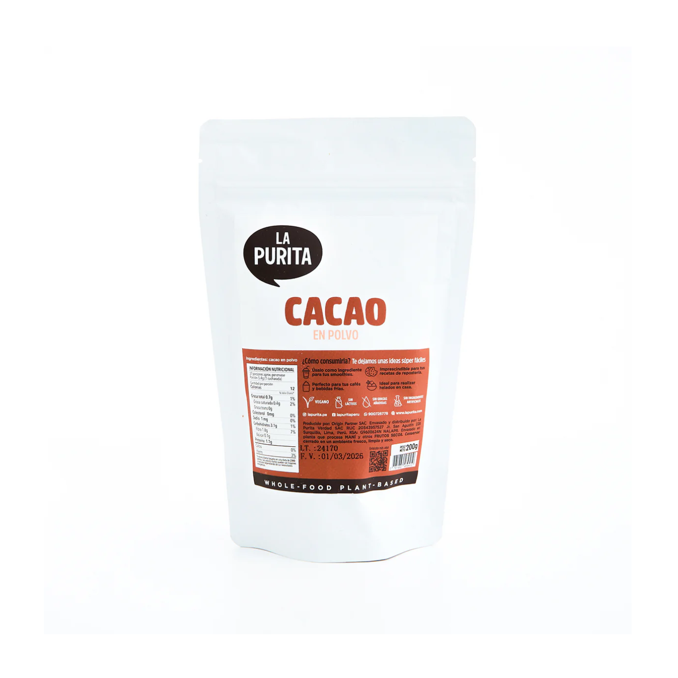 CACAO EN POLVO GLUTEN FREE 200 GR LA PURITA