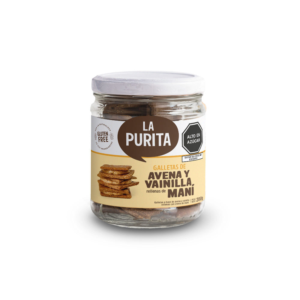 FRASCO DE GALLETAS DE AVENA Y VAINILLA RELLENAS DE MANÍ 200 GR - LA PURITA